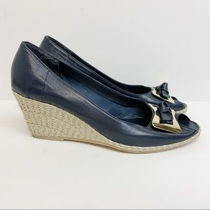 Meucci Navy Leather Gold Buckle Wedge Espadrille